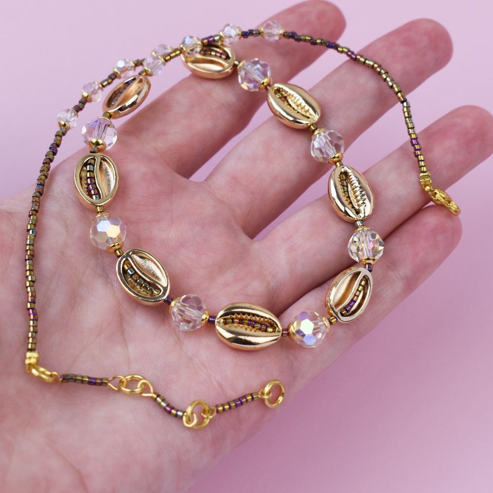 Gold puka shell choker necklace, sea shell seed bead choker